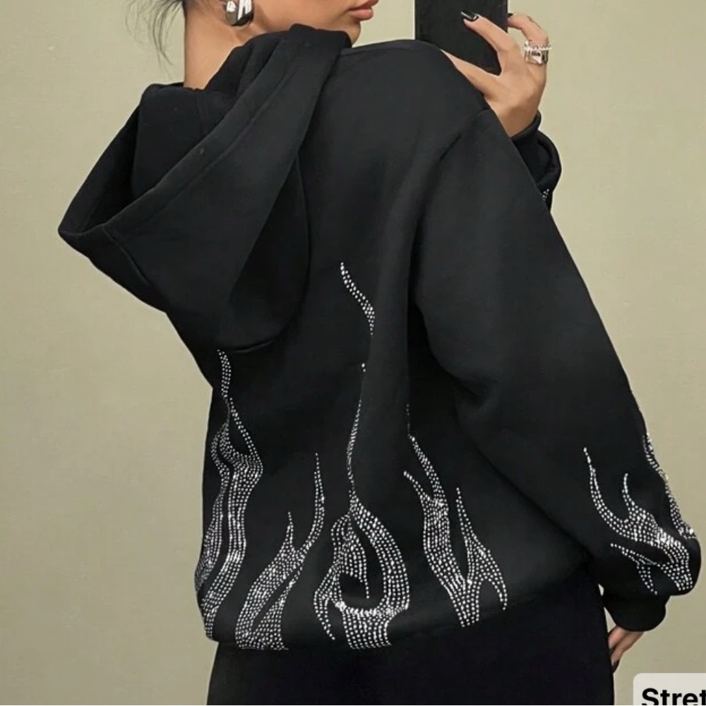 SHEIN Black Rhinestone Flame Sweatshirt